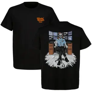 Worked to Death Security Guard Skeleton Office Desk T-Shirt Funny Night Shift Monitor Guard Graphic Tee Blue Collar Humor Black