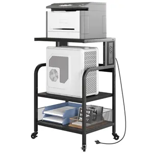 3-Tier Rolling Printer Stand with Power Outlets & USB Ports, Industrial Heavy Duty Lockable Mobile Printer Cart with Adjustable Shelf, Black for Home Office Organization