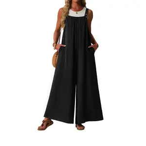 Lepunuo Womens Casual Jumpsuits Summer Boho Wide Leg Rompers Sleeveless Overalls Pleated Jumpers with Pockets