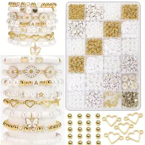 24 Grids/1400pcs Bead Bracelet Making Kit with Elastic String, Pearl Soft Clay Letter Beads Accessories, DIY Necklace Jewelry Set