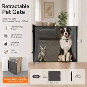 Heavy-Duty Retractable Pet Gate with Door - Drill-Free Installation, Foldable Design with Locking Mechanism, Suitable for Great Danes, Australian Shepherds and Kittens, Durable Fabric Construction, Ideal for Home Indoor/Outdoor(Model: DM415)