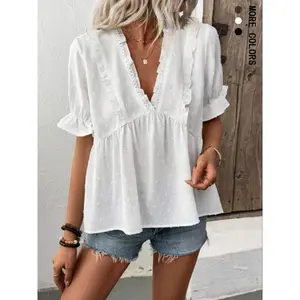 Women’s Swiss Dot V-Neck Blouse, Boho Tie Top, Casual Short-Sleeve Summer Top, Women’s Everyday Wear GARMENTARY