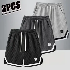 Men’s summer essential 3-pack waffle-textured casual shorts—daily commuter/casual style. Soft, skin-friendly, breathable waffle fabric keeps you cool and prevents sweat buildup. Drawstring waistband is loose and comfortable, not tight. Contrast piping add