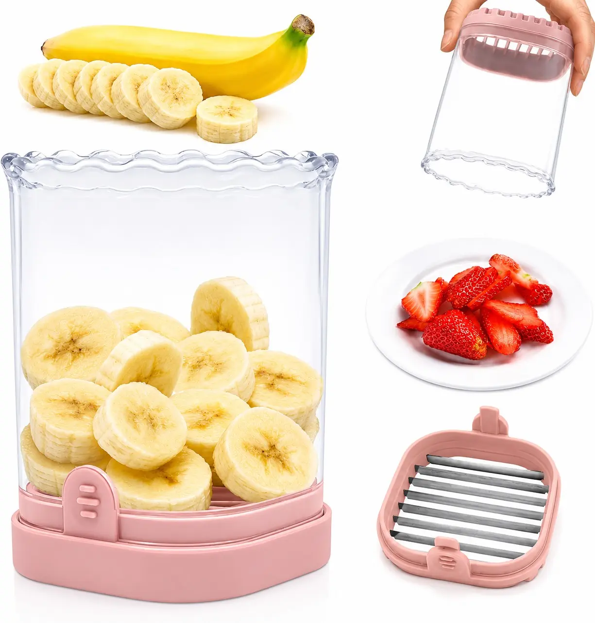 Fruit Slicer Cup: Strawberry Slicer, Strawberries Cutter Cup, Speed Cutter for Banana Grape Egg Kitchen Portable Slicing Tool(Pink)