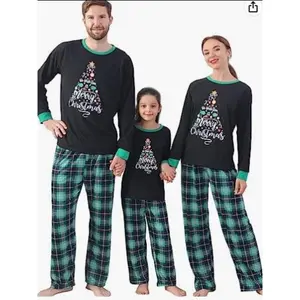 Family Christmas Matching Pajamas Set Letter & Leaf Print Long-Sleeved Round Neck Tops + Plaid Pattern Trousers pijamas navideñas para familia Xmas Fetival Jemmies