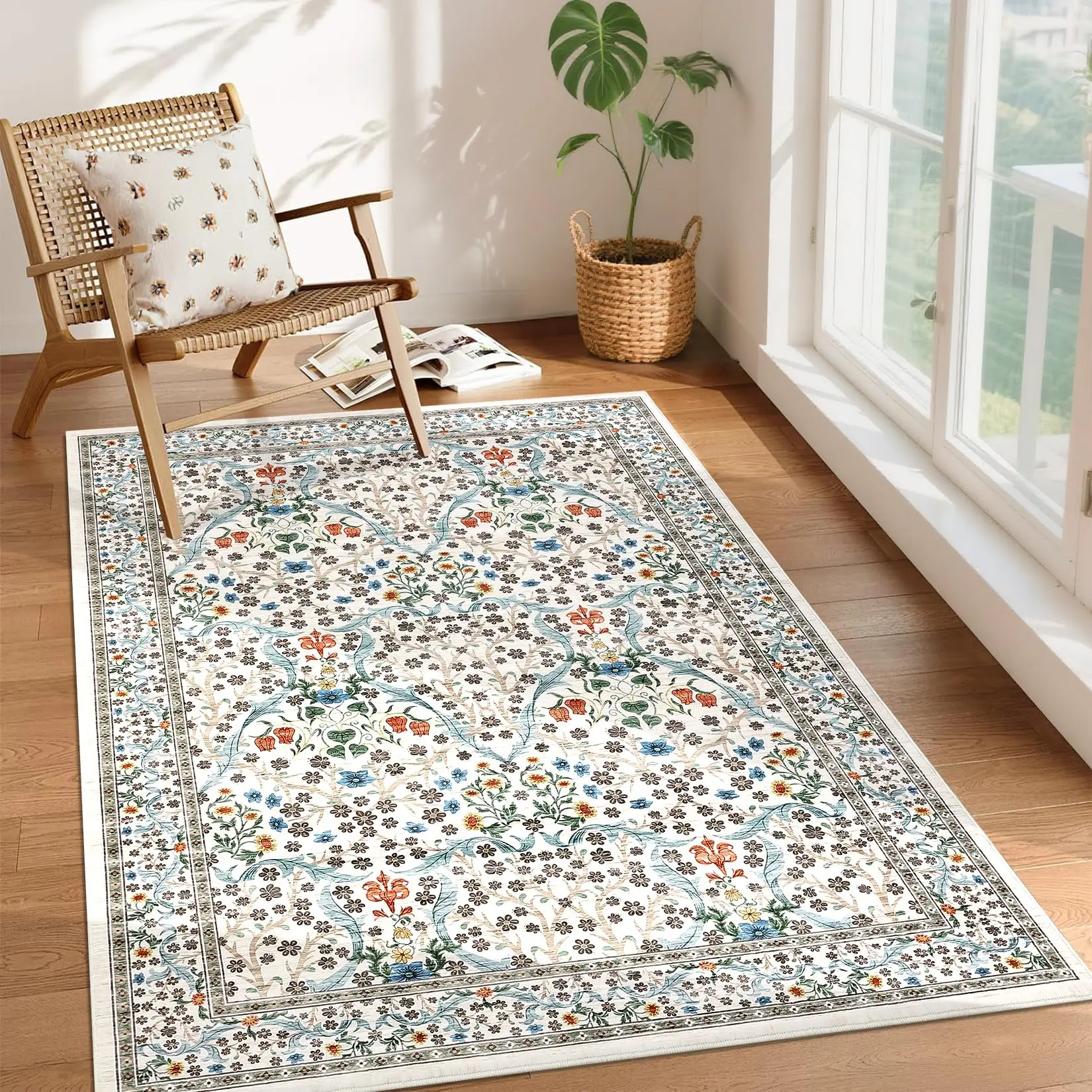 GARVEE 4x6 Washable Area Rug for Living Room, Floral Large Entryway Kitchen Rug Non Slip, Ultra Soft Stain Resistance Carpet for Bedroom Laundry Room, Beige