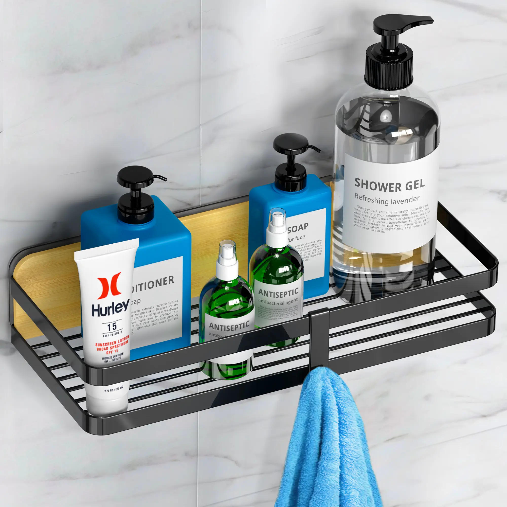 Royal Craft Wood Bamboo & Stainless Steel Shower Caddy - Rustproof Adhesive No-Drill Installation Shelf for Bathroom Organizing