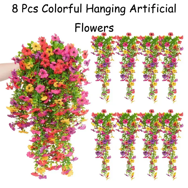 1/6/8 PCS Faux Silk Daisy with Eucalyptus Leaves, Artificial Fake Hanging Flowers Plants for Outdoor Autumn Decoration,UV Resistant Look Real Long Trailing Vines for Outside Home Indoor Planter Porch Patio Balcony Yard Decor Summervibes