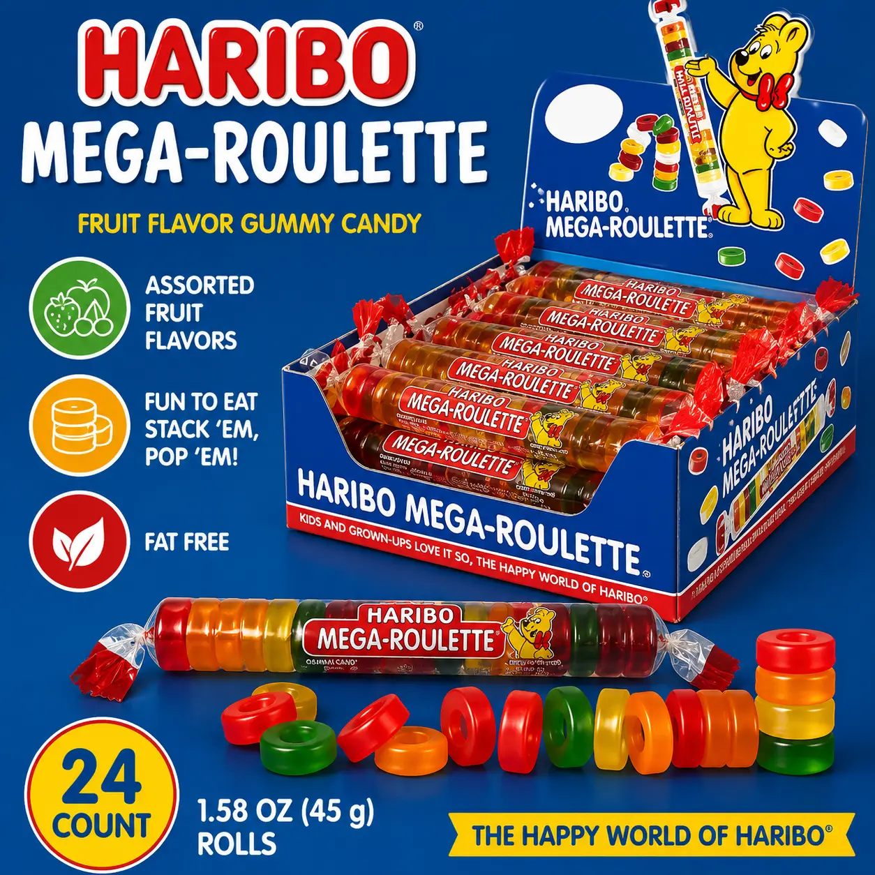 Haribo Mega Roulette Fruit Flavor Gummy Candy 1.58 oz 24 Count Fruity Gummy Rolls
