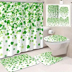 1/4pcs St Patrick's Day Four-Leaf Clover Shower Curtain Set, Non-Slip Rug, U-Shaped Mat, Toilet Lid Cover, Bathroom Decor, Includes 12 Hooks