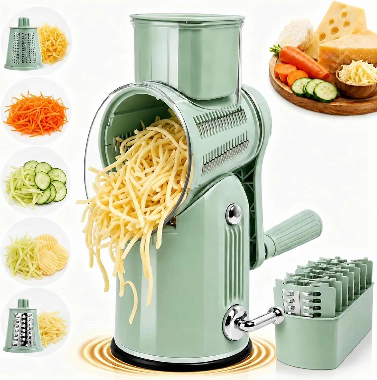 5 in 1 Cheese Grater with Rotary Hand Crank - Vegetable Chopper with Replaceable Stainless Blades, Strong Suction Base, Handle, Blade Storage Box, Easy-Clean Multipurpose Kitchen Slicer (Green)