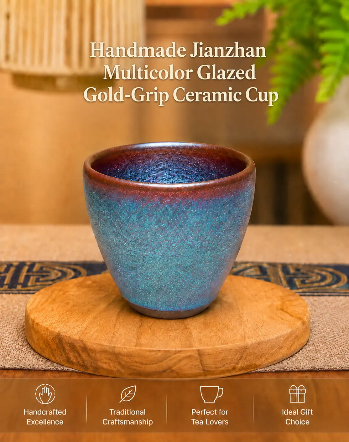 Handmade Jianzhan Multicolor Glazed Gold-Grip Ceramic Cup