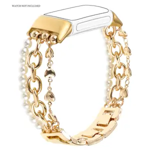 Fashionable Pearl Bead Chain Design Watch Band, Fashionable Watch Band for Women, Wearable Accessories Compatible with Fitbit Charge 6/Charge 5, Smart Watch Accessories, Smart Watch Strap
