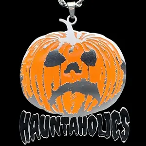 Hauntaholics Necklace 2" Mirror Polished Pumpkin Pendant Stainless Steel Hypoallergenic Laser Cut Enamel Multicolor Chain Included Free Gift Haunted Mound