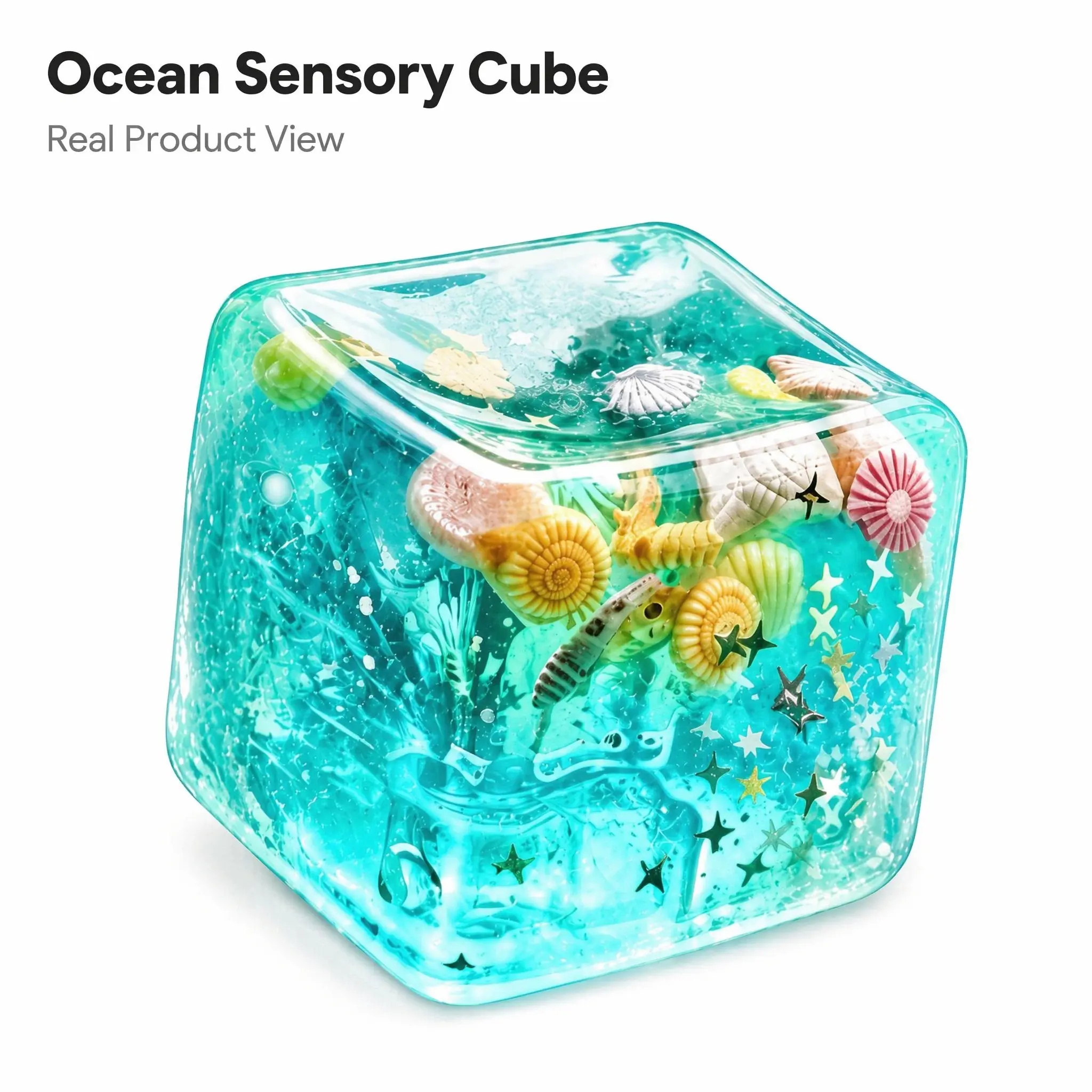Ocean Cube Liquid Sensory Stress Relief Squeeze Toy — Soft, flexible TPU; floating seashell and star filled glitter squishy ice cube fidget toy; portable pocket desk anxiety relief ornament; unique holiday and birthday gift for teens, adults, and office w