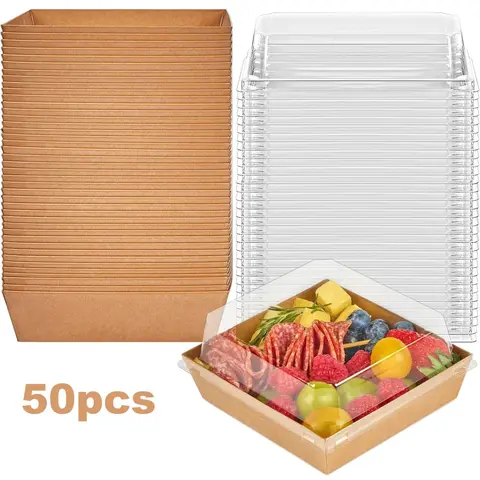50-Pack 5-Inch Sturdy Stackable Plastic Kraft Charcuterie Boxes with Transparent Lids, Square Bakeware To-Go Containers for Dessert, Cookies (Brown)