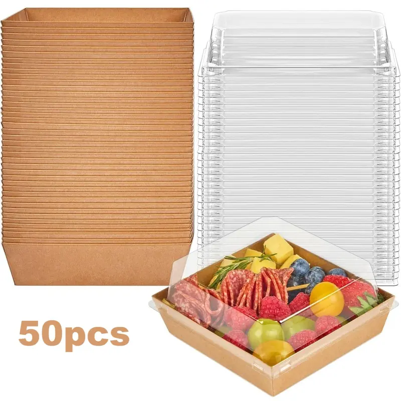 50-Pack 5-Inch Sturdy Stackable Plastic Kraft Charcuterie Boxes with Transparent Lids, Square Bakeware To-Go Containers for Dessert, Cookies (Brown)