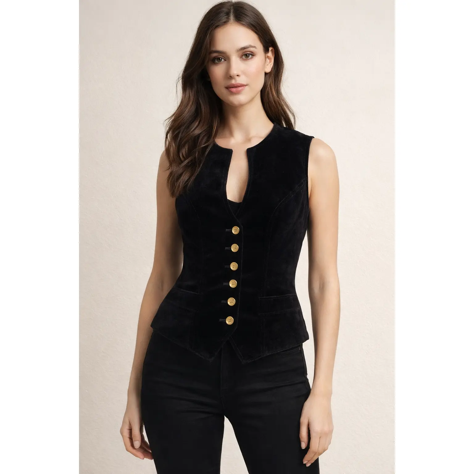 LALAH Women’s Black Velvet Vest – Sleeveless Fitted Design