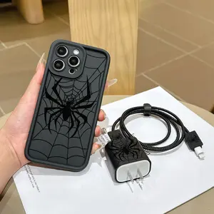6 Piece Set Spider Phone Case Pattern, Charger Head Cover, Cable Protector, Storage Rope, Data Line Protection for iPhone 15/16 Series Accessories