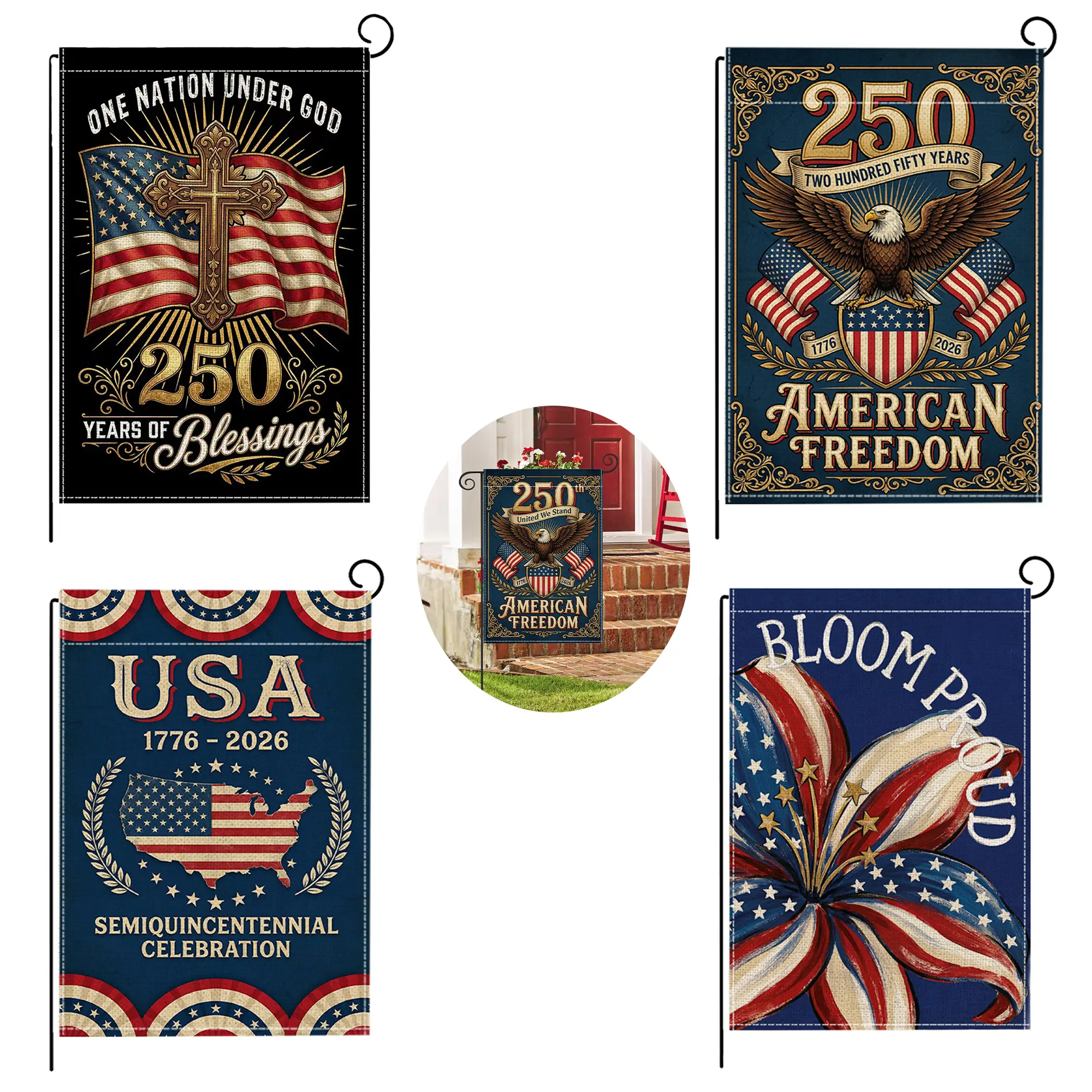 4th of July 250th Anniversary Garden Flags, Multi-Design Patriotic Independence Day Yard Flags, Double Sided American Flag for Fourth of July Outdoor Decor, 12.5 x 18.5 Inch