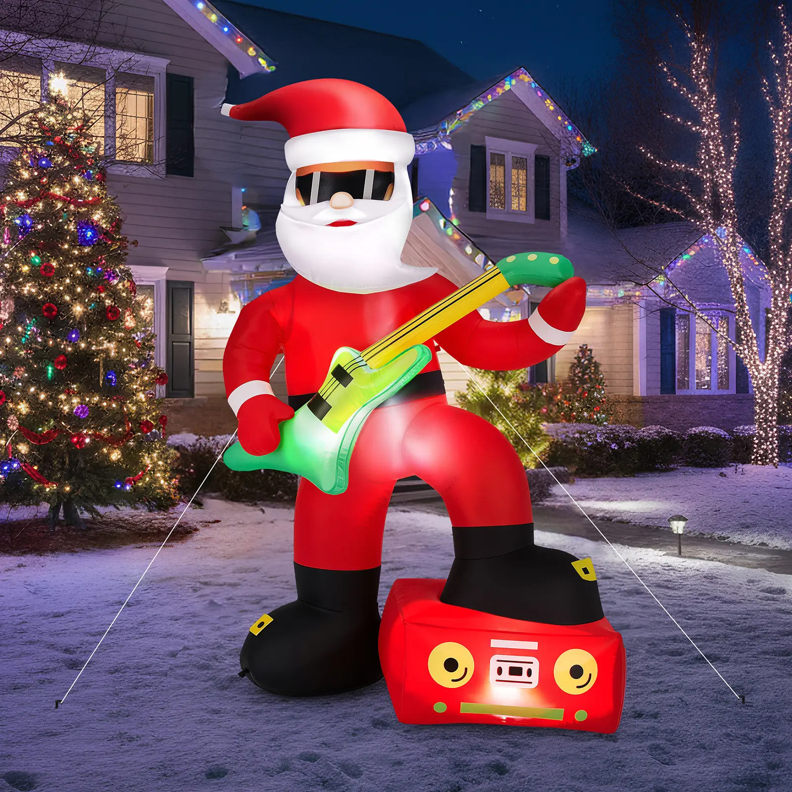 7.5FT Lighted Christmas Inflatable Decoration, Inflatable Black Santa Playing Electric Guitar, Funny Blow Up Yard Decorations with Built-in LED Lights for Holiday Party Front Yard Lawn Garden Decor Backdrop Magical