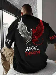 Men's Round Neck Letter Print Long-Sleeve T-Shirt, Loose-Fit Casual Mid-Weight Top for Street Fashion