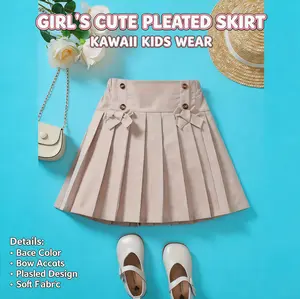 KVS 2026 Girls' Beige Solid Polyester Regular Flared Tiered Layer Skort - Decorative Bow, Button Accents, Non-Stretch, Brief Length, Machine Washable, Ideal for Spring/Summer Parties, Kids' Fashion Flared Skirt