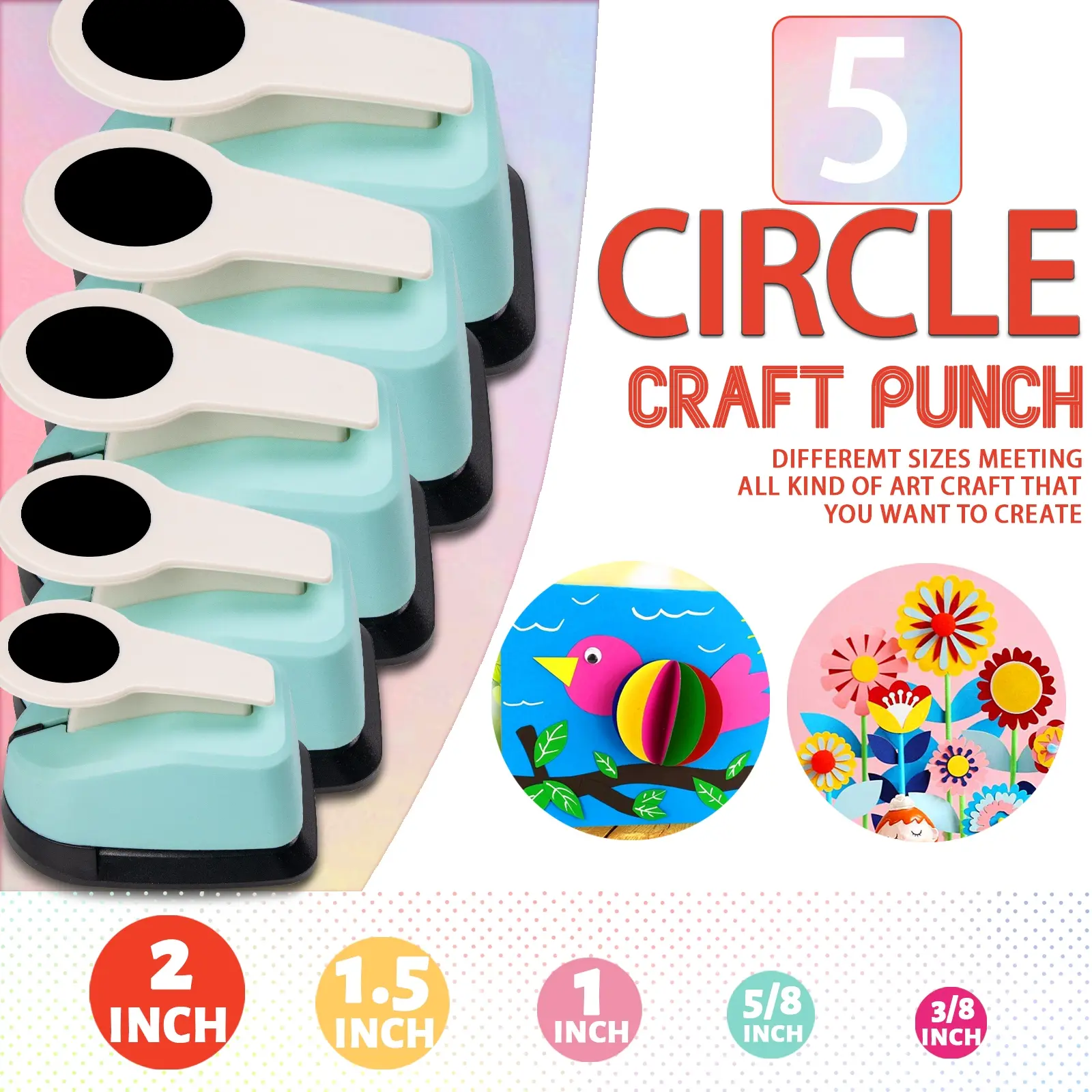 Circle Paper Hole Puncher Cutter Tool Shapes 2 Inch 50mm 1.5 Inch 38mm 1 Inch 25mm 5/8 Inch 16mm 3/8 Inch 9mm 1.38 Inch 35mm 1.1 Inch 28mm Set, Paper Crafting Tools, for Paper Crafts, Cardboard, Cardmaking, Classroom Supplies, Office Accessories