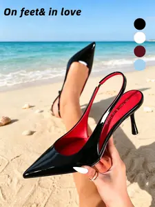 Summer Women's All Sizes 4 Colors Glossy Patent Leather Pointed Toe Elastic Slingback Heels, No-Slip Thin Stiletto Backless Mu