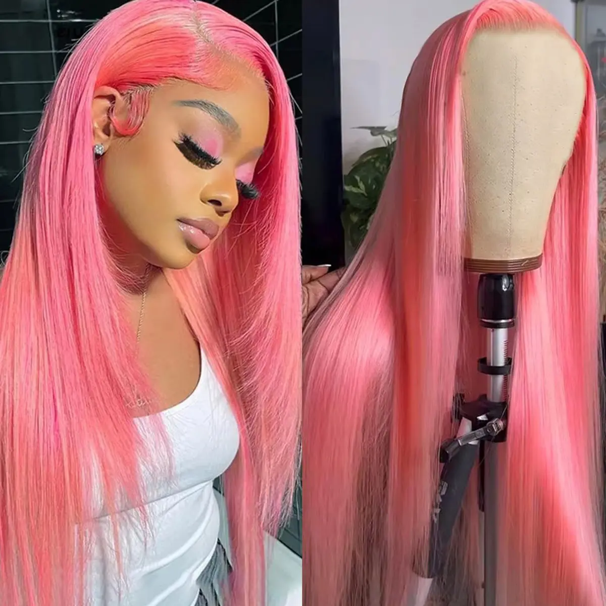 OQ HAIR Pink Colored 7x5 Straight Glueless Wig Human Hair 220% Density Lace Front Wig Human Hair Wear and Go Pre Plucked with Natural Hairline For Women