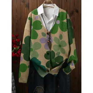 ��Plus Size�� Floral Pattern Button Front Cardigan, Casual Open Front Long Sleeve Cardigan Sweater for Fall & Winter, Women's Clothing for Daily Wear