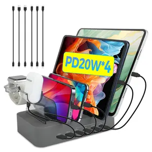 USB C Charging Station for Multiple Devices Apple,CHARGEKNIGHT 100W 4 PD and 2 USB Charger Stations Compatible with Apple iPhone iPad and Android Phone and Tablet,Type C Multi Charging Station