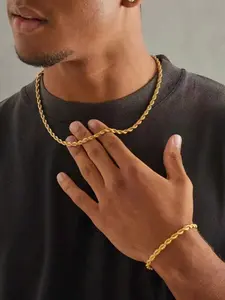 Men's Stainless Steel 18k Plated Twist Chain Bracelet and Necklace Set, Casual Sporty Fashion Accessories, Matching Jewelry Set, Perfect Gift for Boyfriend and Husband