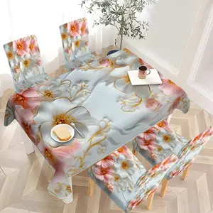 5pcs/7pcs Pastel Floral Printed Tablecloth and Chair Cover Set, Tablecloth Chair Covers, Stretch Chair Slipcover Combo for Dining Table Decoration, Marble Pattern Suitable for Restaurant / Kitchen / Banquet, 2D Flat Printing