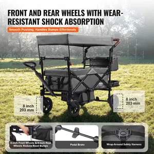 Wagon Stroller For 2 Kids Push Pull Quad Collapsible Stroller Adjustable Handle Encircling Harness Removable Canopy 4 Wheels Brakes Multifunction Tandem Stroller For Camping Dark Grey