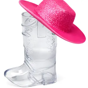 DESIGN PRO LAB Western Disco Boot Shot Glasses with Glitter Hat – Mini Plastic Cowboy Boot Shot Glass for Disco, Country & Western Parties, Birthdays, Party Favors 05 Packs