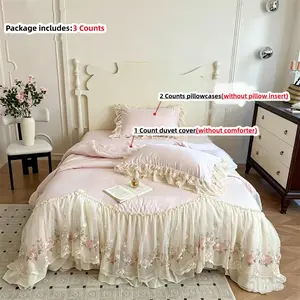 3-Piece / Lace Trim Bedding Set, Includes 1duvet Cover & 2 Pillowcases without comforter and pillow core, Korean Style, Single/twin/double/queen Sizes