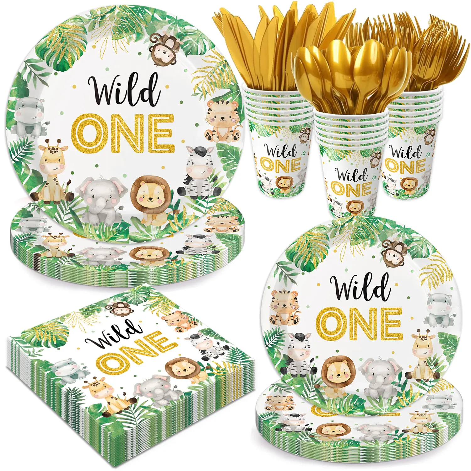 Jungle Safari Baby Shower Decorations Tableware Set Serves 24, Animals Paper Plates, Napkins, Cups, Cutlery for Baby Boy Wild One Birthday Baby Shower Party Supplies