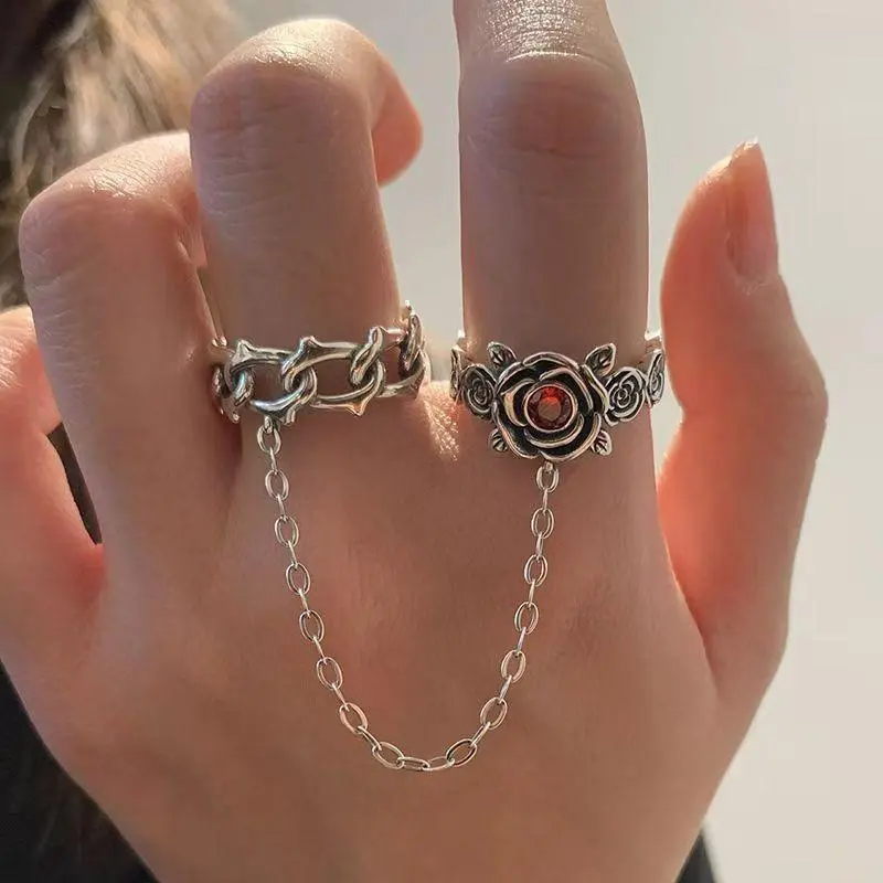 New Neutral Linked Double Open Ring, Vintage Thorn Chain Rose Connected Ring, Gothic Unisex Stackable Finger Jewelry