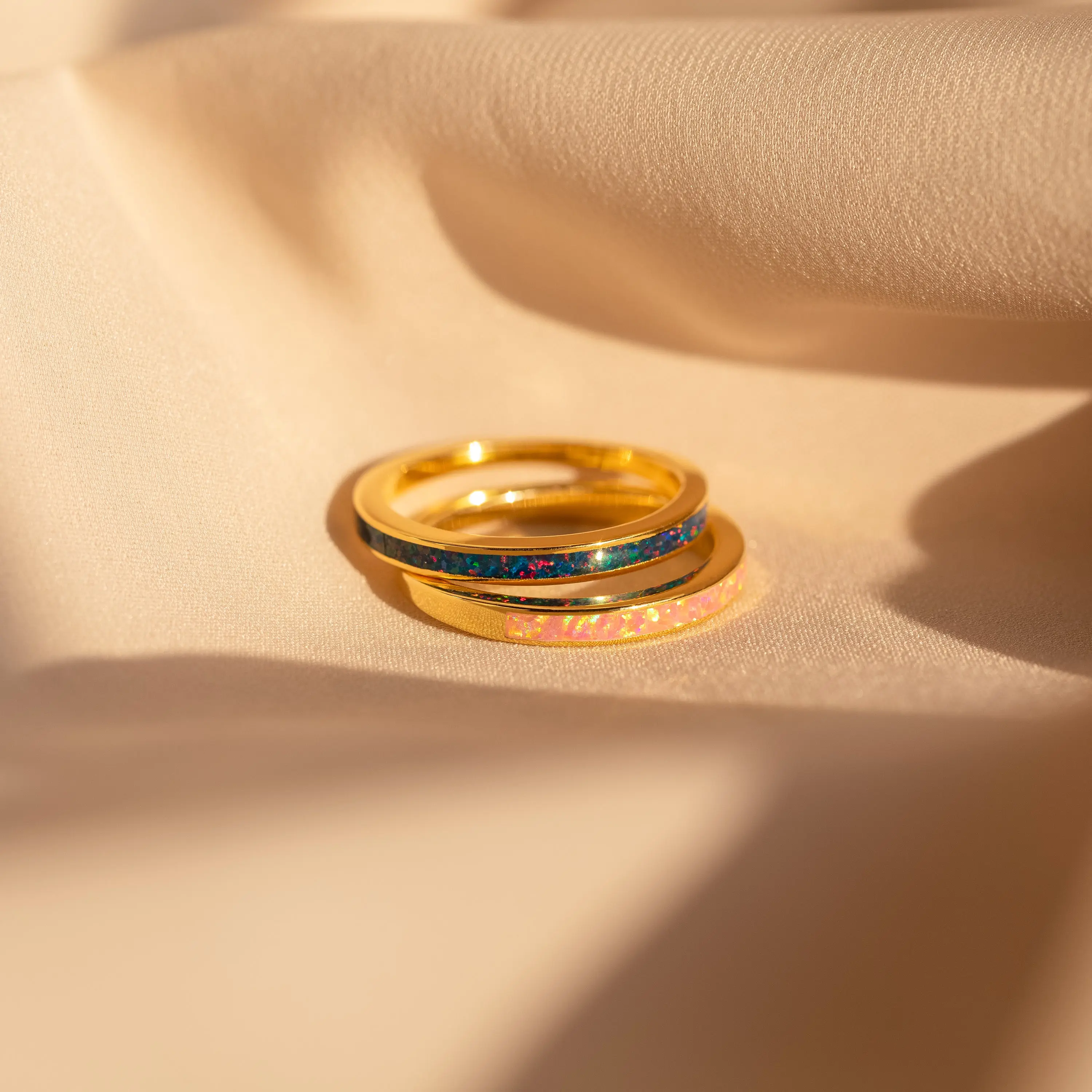 Opal Inlay Rings Set by Caitlyn Minimalist - Set of 2: Blue & Pink Opal Rings in Gold - Stackable Gemstone Rings - Opal Jewelry - Best Friend Gift