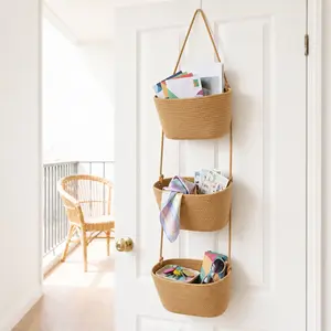 Hanging Over the Door Organizer, Large Size 3-Tier Woven Cotton Basket, Wall-Mounted Storage Bag, Decorative Nursery Baskets ideal storage shelf shelf storage basket woven basket storage basket,  Khaki pink