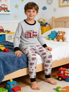 Boys' 2-Piece Cartoon Car Pattern Sleepwear Set, Spring & Fall Long Sleeve Pajamas, Casual Home Wear, Thin Fabric, H-Type Silhouette, Pajama Lounge Sets