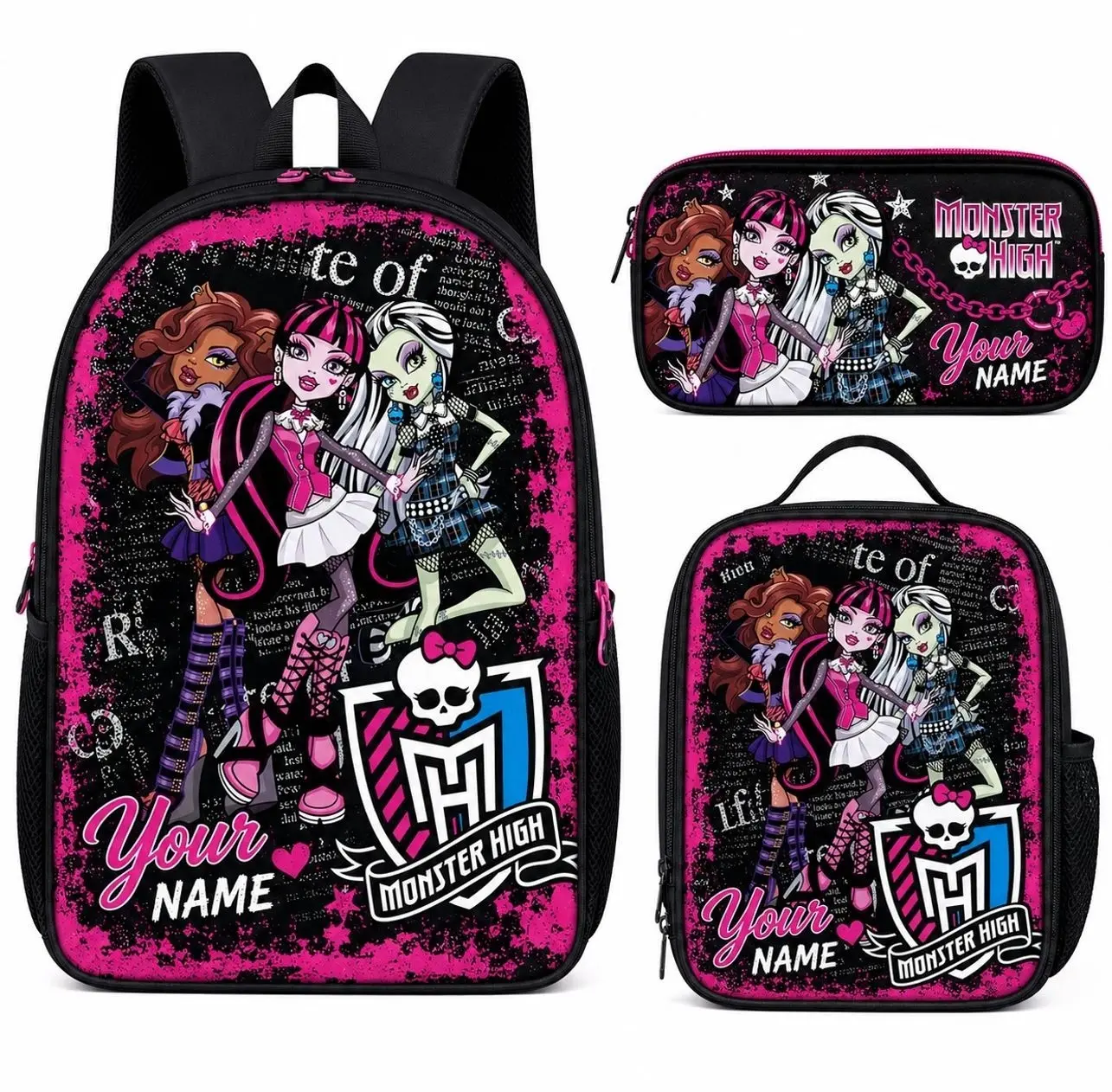 Personalized Cute Monster Girl Backpack Set | Custom Name School Bag Insulated Lunch Box Pencil Case | Unique Gift for Girls