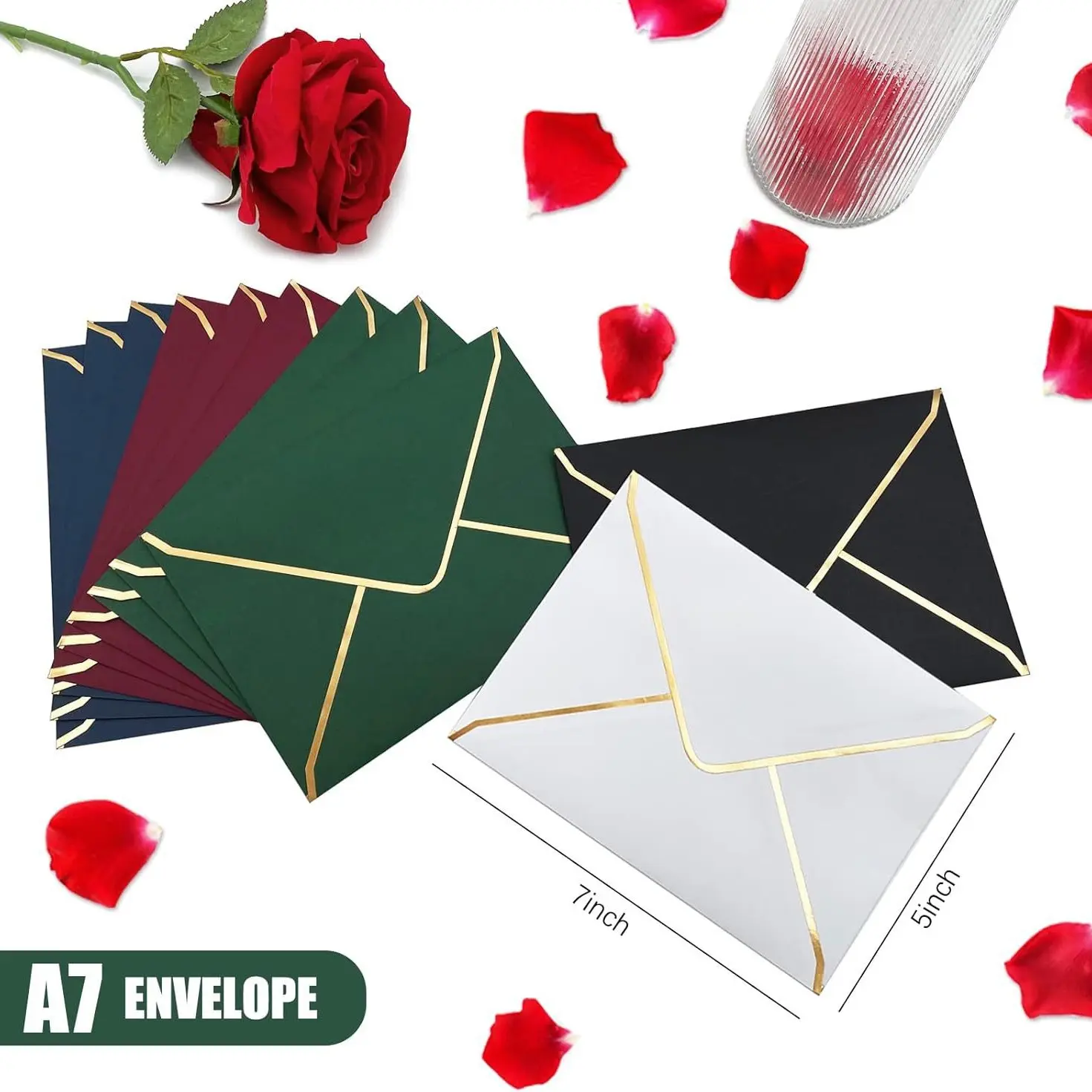 50 Pack A7 Envelopes Red 5 x 7 Self-Adhesive V Flap Envelopes with Gold Border for Office, Greeting Card, Wedding, Graduation, Baby Shower, Parties, Invitations (Red, 5x7)