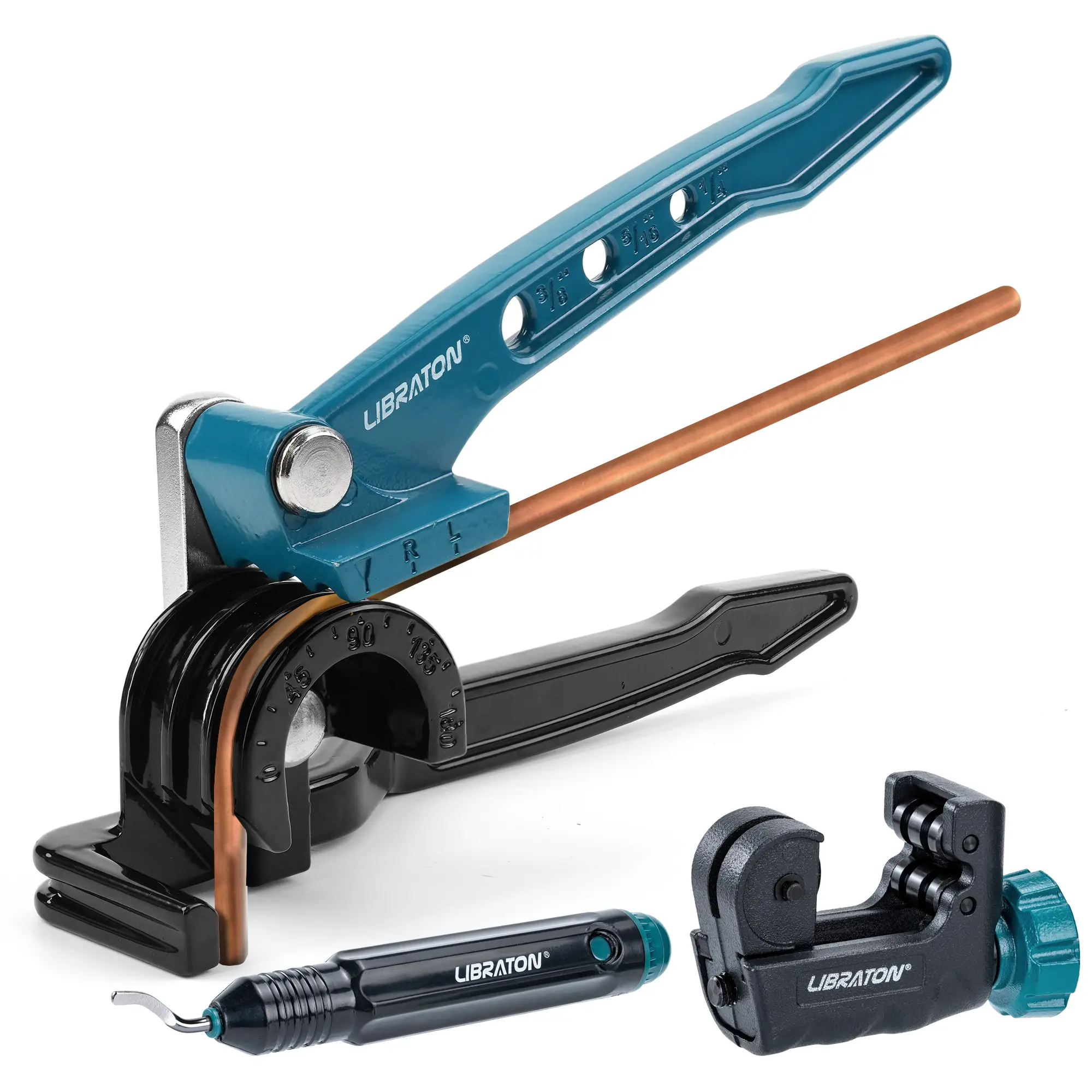 Libraton Tube Bender, Copper Tubing Bender 180 Degrees, 3-in-1 Manual Tubing Bending Tool 1/4", 5/16", 3/8", Copper Tube Bender Set with Mini Tube Cutter & Deburring Tool, for Aluminum Brass Pipes outdoorfun Industrial