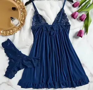 Indigo Dream Navy Lace Babydoll Lingerie Set with Floral Lace Cups & Adjustable Straps for Effortless Elegance