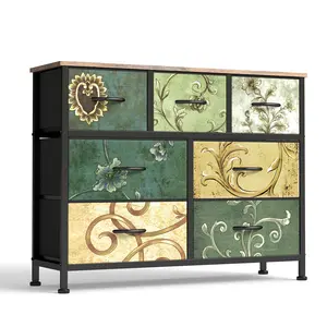 Vintage Floral Fabric Dresser with 7 Drawers - Sturdy Steel Frame & Wood Top Storage Tower, Multi-Functional Organizer Unit for Bedroom, Hallway, Entryway, or Closet