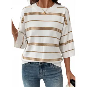 Dokotoo Womens Sweaters Spring Summer Oversized 3/4 Sleeve Striped Crewneck Casual Lightweight Knit Pullover Sweater Tops