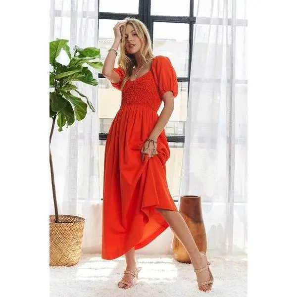 ADORA Popcorn Smocked Puff Sleeve Dress