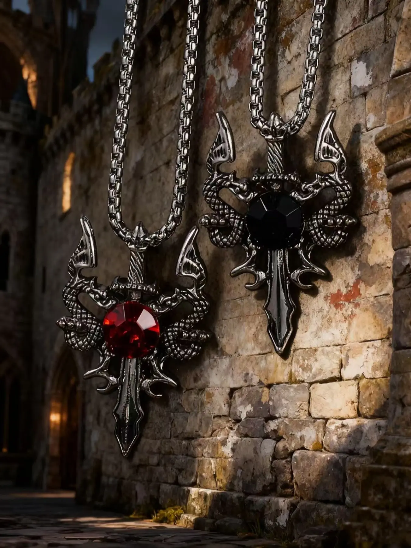 2-piece set - Exquisite Goth Witch Jewelry Gift - Men's sword-shaped alloy pendant necklace with stainless steel chain, inlaid with various colors of artificial imitation gemstones, very suitable for parties and daily wear
